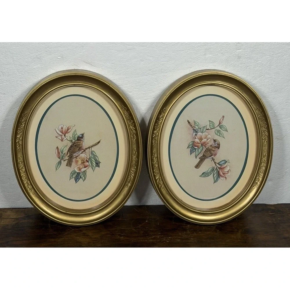 Vtg MCM 1983 Homco Home Interior Birds Grannycore Gold Oval Frame Pictures Set 2